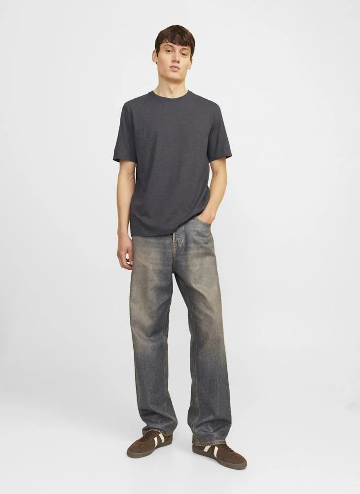 JACK & JONES Dark Grey Melange Solid Crew Neck T-Shirt for Men | Best Price UAE